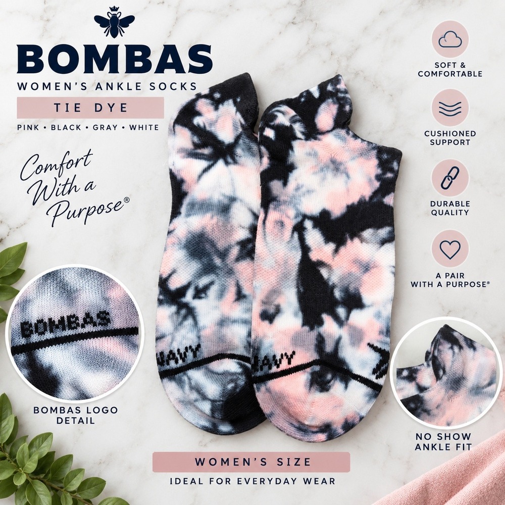 Bombas Womens Ankle Socks Tie Dye Pink Black Gray White Cushioned No Show Pair